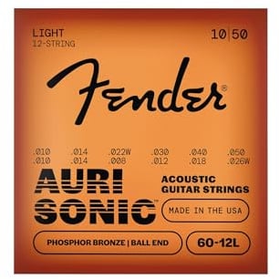 Fender Phosphor Bronze Akustikgitarrensaiten, Kugelende, 60-12L 0,010-0,048 Spuren, Set mit 12 – Geeignet für 12-saitige Akustikgitarren