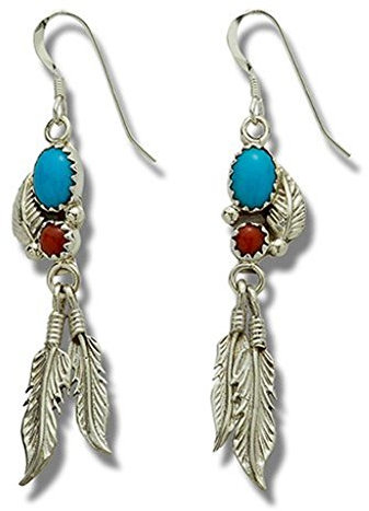 Indianerschmuck Ohrringe Türkis Koralle mit Silberfedern Westernschmuck Navajo Artist Annie Spencer Native USA