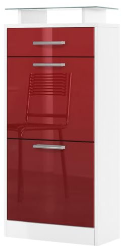 Vladon Schuhschrank Loret V2, Schuhkipper für 8 Paar Schuhe mit 2 Klappen, 1 Schublade und Glasablage, Weiß matt/Bordeaux Hochglanz (46 x 104 x 23 cm)