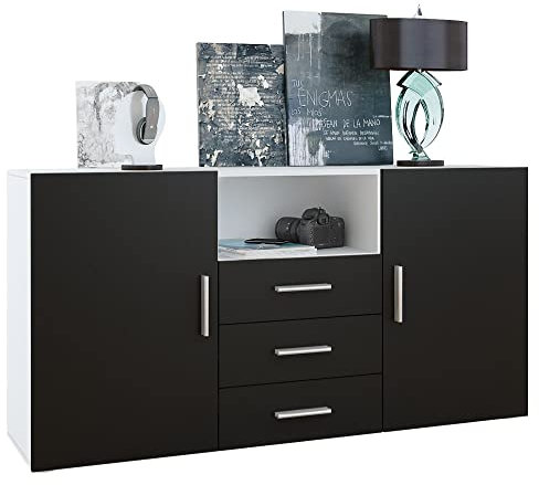 Vladon Sideboard Skadu, Kommode mit 2 Türen, 3 Schubladen und 1 offenem Fach, Weiß matt/Schwarz matt (138,5 x 71,5 x 35 cm)