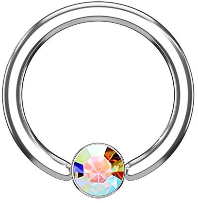 Piercingfaktor BCR Piercing Klemmring Ring Flach mit Kristall Klemm Kugel Septum Nasen Lippen Helix Ohr Tragus Silber Rainbow 1,6mm x 12mm x 5mm