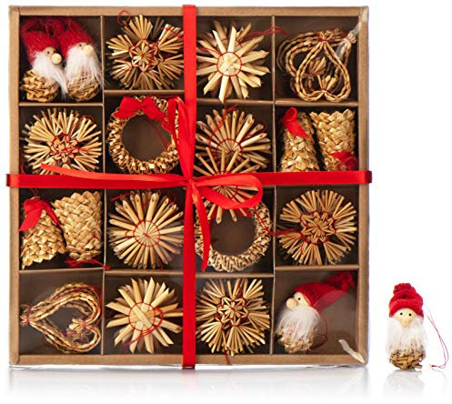 COM-FOUR® Juego de Estrellas de Paja de 56 Piezas - Estrellas, Campanas, abetos y Figuras Tradicionales como Adornos para árboles de Navidad - pequeños Colgantes de Paja - Colgantes Naturales