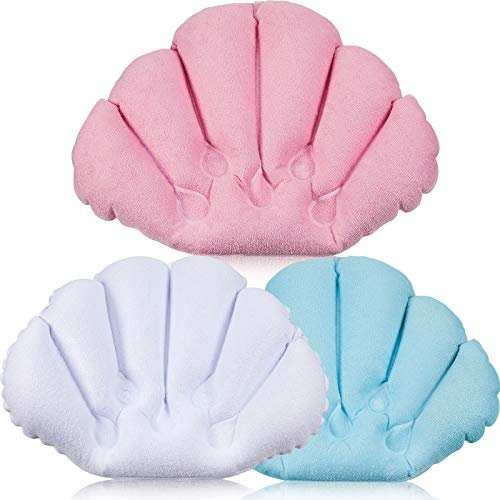 Jetec Aufblasbares Badewannenkissen mit Saugnäpfen, Frottee, Muschelform, Badewannen-Spa-Kissen, bequem, weich, Nackenstütze (Rosa, Blau, Weiß), 3 Stück