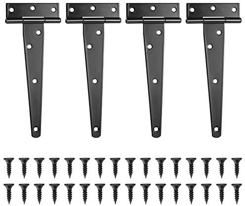 Lot de 4 Charnières en T, Noires Charnière Porte de Grange, Charnières de Portes, Charniere Plate Inox pour Portails, Abris de Jardin, Placard - 6 Pouces