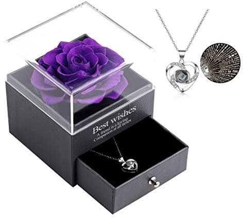 Eaprala Ewige echte Rose mit I Love You Halskette 100 Sprachen Schmuck Geschenkbox Ewige echte Rose für Valentinstag Muttertag Hochzeit Jahrestag Geburtstag Geschenk für sie (Lila)