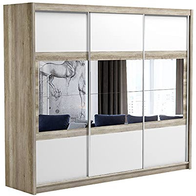 Furniture24 Kleiderschrank SALWADOR 250 Schlafzimmer 3 Türiger Schwebetürenschrank Schrank mit Schiebetür Kleiderstange 8 Einlegeboden 2 Schubladen und Spiegel Canyon Eiche/Weiß