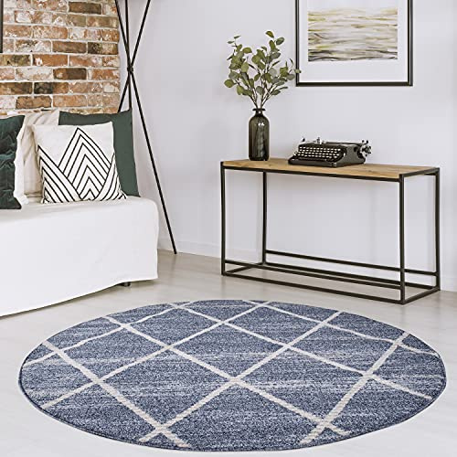 payé Teppich Rund Wohnzimmer Kurzflor - Blau Cream- 200x200cm - Modern Rauten Muster Deko Boho Schlafzimmer Flur Dekoration - Skandinavische Teppiche