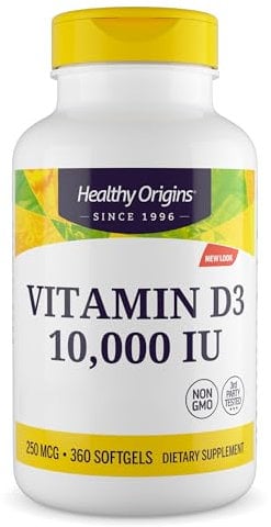 Healthy Origins, Vitamin D3, Softgels Each with 10,000 IU, 360 Capsules, Gluten-Free, Soy-Free, GMO-Free