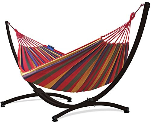 Potenza Outdoor Hängematte mit Gestell für 2 Personen I Baumwolle Doppelhängematte XXL 220x160, 200kg I Hängemattengestell 220kg, wetterfest (Rot, Gestell Braun)