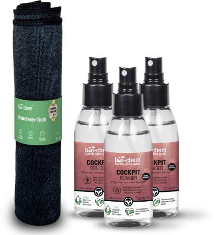 bio-chem Cockpit-Pflege 3X 100 ml Cockpitspray + Mikrofasertuch I Auto Innenraum Reiniger mit schonender Pflege für Leder und Kunststoff I Sorgt für strahlenden Glanz mit Schutz