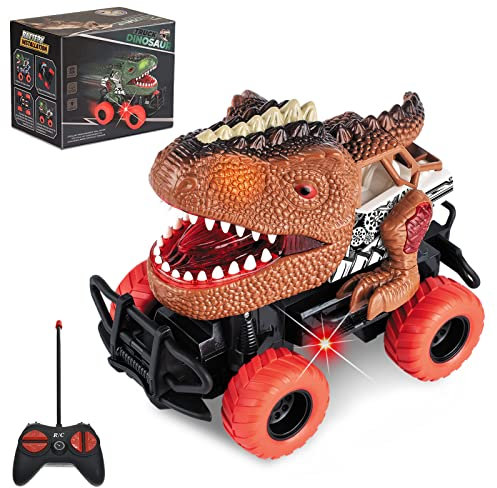 Delycazy Dinosaurier Auto Spielzeug, Kinder Ferngesteuertes Dinosaurier Auto mit LED Licht Spielzeugautos Geburtstag Geschenke für Jungen Mädchen ab 3 4 5 6 7 Jahre