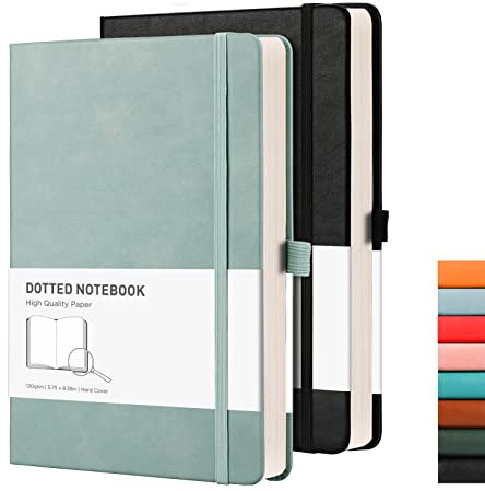 RETTACY A5 Dotted Notebook 2 Pack - Bullet Dot Grid Journal with 320 Numbered Pages Hardcover 120gsm Thick Paper, 8 Perforated Sheets, Pen Holder, Inner Pocket 14.5 x 21cm - Gray Blue