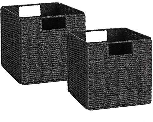 Vagusicc Storage Basket, Set of 2 Hand-Woven Storage Baskets for Organizing with Handles, Foldable Cube Storage Baskets Bins Organizer, 13 inch Large Wicker Baskets for Shelves & Decor, Black