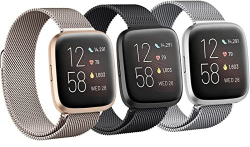 Armband für Fitbit Versa 2/Versa/Versa Lite Damen/Herren, magnetisches Armband für Fitbit Versa 4/3/Sense/Sense 2 Smartwatch-Armband, 3 Stück, Metallnetz, Ersatzarmband