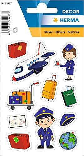HERMA 15487 Aufkleber Pilot klein groß, 33 Stück, Berufe Sticker mit Flugzeug Koffer Motiv, Kinder Etiketten für Fotoalbum Tagebuch Poesiealbum Scrapbooking Geburtstag Dekoration Briefe DIY Basteln
