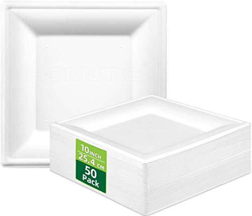 HOMURG Platos de papel cuadrados blancos de 10 pulgadas a granel, 50 unidades, platos cuadrados compostables desechables, plato de carga cuadrado grande de 10 pulgadas, Navidad, fiestas de cumpleaños