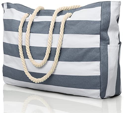 oscaurt Strandtasche Streifen Tote Bag Badetasche Wasserdicht Strandtasche Groß mit Reißverschluss Shopper Tasche Damen Strandtasche XXL Familie Einkaufstasche Umhängetasche Uni tasche Reisetasche