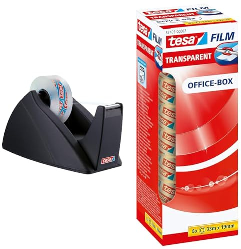 tesa Easy Cut Tischabroller - Nachfüllbarer, standfester Klebeband-Spender für Klebebandrollen bis 33 m x 19 mm - Schwarz & film transparent - Transparentes Klebeband - 33 m x 19 mm - 8er Pack