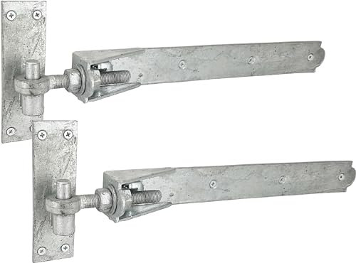 IRONTITE® Adjustable Gate Hinges Heavy Duty 450mm (18), Hook and Band Gate Hinges for Wooden Gates. Galvanised Hook and Band Hinges with Fixings Included. (Galvanised), 450ADGALV