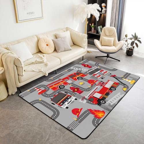 Feuerwehrfahrzeug-Bereich Teppich für Kinder Teens Erwachsenen150x200,Auto Liebhaber Rote Feuerwehrauto Leiter Wohnzimmer rutschfeste Teppich, Vintage Stadt Straße Teppich für Sofa