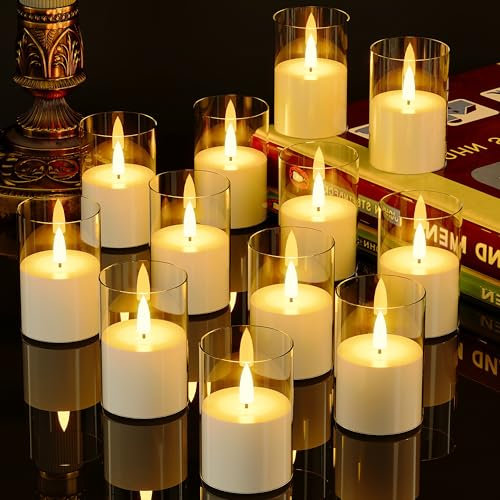 VIODAIM Paquete de 12 velas LED parpadeantes sin llama con temporizador, funciona con pilas, pilar pequeño y votiva, transparente (2 x 3 pulgadas)