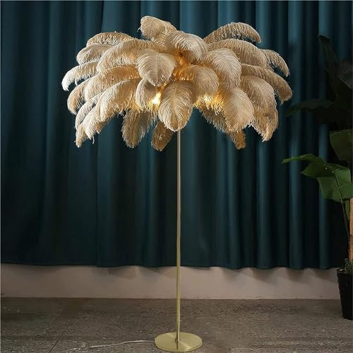 ANram Moderne Luxe Véritable Plume D'autruche Or Lampadaire En Métal Nordique Lampe Sur Pied Villa Repot Hôtel Décor Éclairage Romantique Princesse Chambre Chevet Lampadaire 160 cm