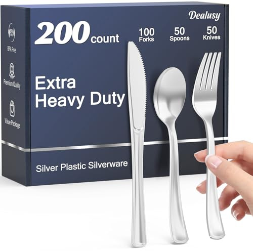 Dealusy 200 Count Heavy Duty Silver Plastic Silverware
