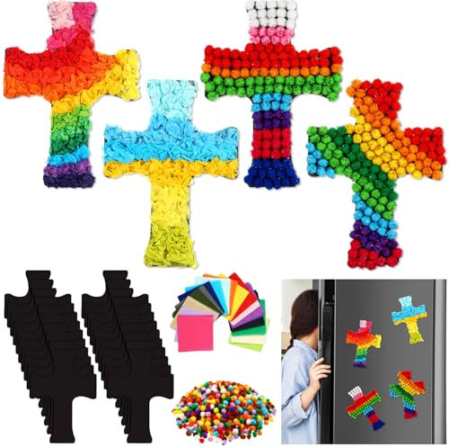 Silipull 24 Sets Cross Crafts DIY Religious Magnets Cross Sticky Boards with Tissue Paper Beads Pompoms Make Your Own Craft Christian Gift for Kids Sunday School Bible School Church