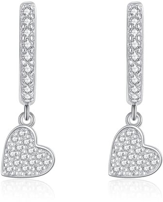 Zolkamery Silver Hoops Earrings for Women, 925 Sterling Silver Dangling Hoop Earrings with Heart Pendant, Hypoallergenic Huggie Drop Earrings with Zirconia, White Gold Dangle Earrings for Party Daily