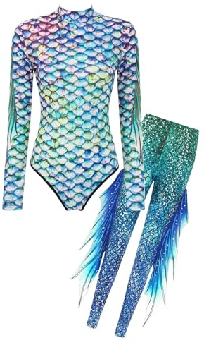 iiniim Damen Meerjungfrau Kostüm Langarm Body Overall Meerjungfrau Hose Leggings Mermaid Kostüm Karneval Faschingskostüm A Bunt M