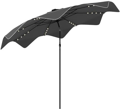 Outsunny Sombrilla de Jardín Ø292x248 cm Parasol de Terraza Manual con 32 Luces LED Solares 8 Varillas Ángulo Ajustable Impermeable y Rejillas de Ventilación para Patio Balcón Gris Oscuro