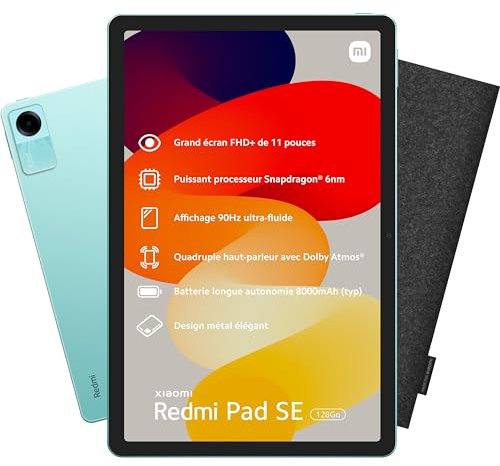 Xiaomi Tablette Pad SE 128 + Etui Feutrine, Chargeur Rapide Inclus, écran 11, Batterie 8000 mAh, Caméra arrière de 8MP, Vert Menthe