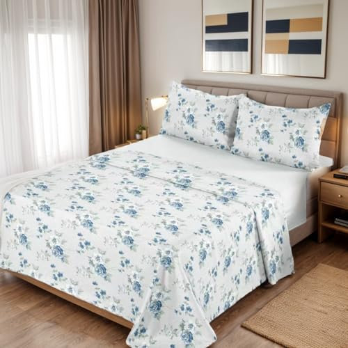 Juego de Sábanas Cama 180, Juego Sábanas 180x190/200cm 4 Piezas, Microfibra Extra Suave, Sábanas Bajera Ajustable, Encimera, 2 Fundas de Almohada - Juego Sábanas Estampado Flores Azul Claro