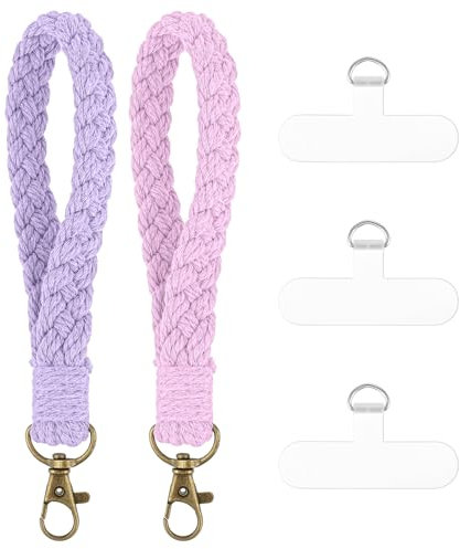 AOZUO Phone Wrist Strap, 2Pcs Handmade Cell Phone Lanyard, Smartphone Wristlet Keychain with Tether Tabs Connector Patch, Phone Case Wrist Lanyard for Women Girls Running Hiking Walking (Pink, Purple)