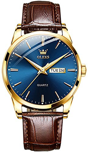 OLEVS Lederuhren für Herren Großgesicht Blau Wählscheibe Analoger Quarz Uhren Braun Lederarmband Business Kleid Uhren Leuchtend Wasserdicht Tag Datum Armbanduhr Herren
