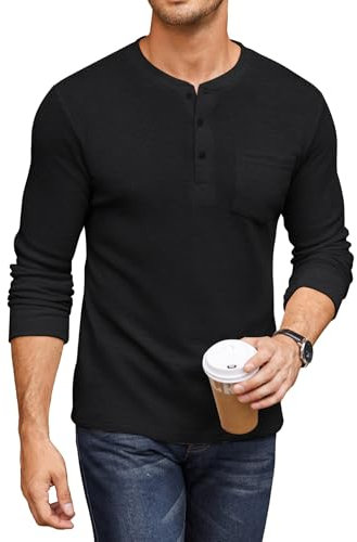COOFANDY Mens Regular Fit Shirts Long Sleeve Henley Shirts for Men Regular Waffle Pullover with Pocket Black L