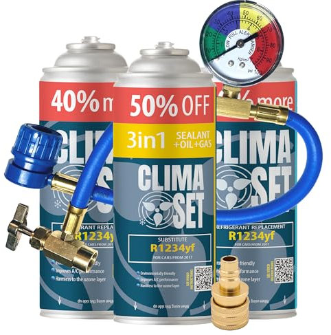 ClimaSet 3in1 R1234yf Kältemittel Ersatzgas - Kühlmittel Klima Auto mit Klima Dichtmittel und Öl - Gasflasche 3x235 g Auto Klimaanlage Nachfüllset - Klimaanlage Wohnmobil - Klimaanlage Schlauch