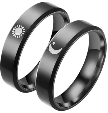 Daesar Ringe Hochzeit Set 2 Ringe, Verlobungsringe Paar Schwarz 6MM Mond Sonne Partnerringe Freundschaftsringe Edelstahl für 2 Damen Gr.66 (21.0)& Herren Gr.66 (21.0)