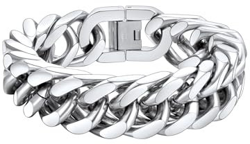 FaithHeart Armband 19cm, Edelstahl Punk Panzerarmband 17mm breit, Kubanische Kette Armband mit Faltverschluss für Damen Jungen