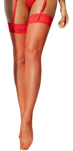 comeondear Medias Autoadhesivas Talla Grande para Mujer Sexy Encaje Medias de Rejilla con Silicona Antideslizante Lencería Ligas y Ligueros para Calcetines Rojo L-XXL