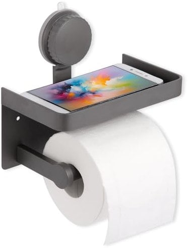 Suction cup toilet paper holder with Phone Shelf,Screw-in Wall Mounted Toilet Paper Roll Holder, Rustproof Bathroom Washroom Tissue Roll Holder with Shelf, Toilet Paper Roll Dispenser