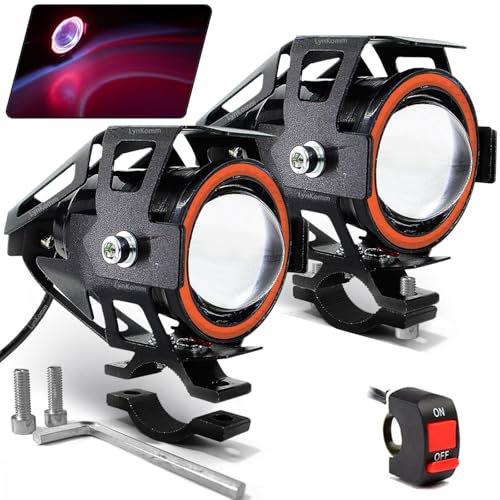 LynKomm 2 Stück Motorrad Scheinwerfer U7 LED Nebelscheinwerfer Spotlight DRL Universal Hilfsscheinwerfer mit Rot Angel Eyes Halo Ring und Schalter