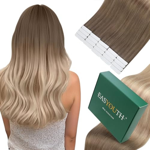 Easyouth Tape in Extensions Echthaar Blond Ombre Echthaar Extensions Tape Braun Blond Balayage Echthaar Tape Extensions Naturlich Aschbraun Platinblond Aschblond 45cm 50g 20Stück #8/60/18