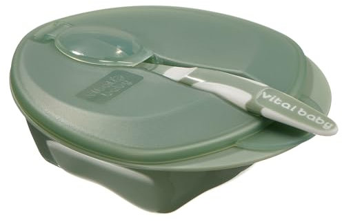 Vital Baby Nourish Weaning Bowl with Lid & Spoon 6m+, Green, Food Mashing Zones, Soft Spoon Tip, EarthSmart Biodegradable, BPA-Free & Portable with Hygienic Spoon Cover