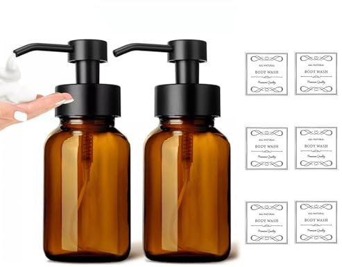 Amber Glass Soap Dispensers, 400ML Refillable Foaming Soap Dispenser, Hand Soap Dispenser With Pump, Pump Bottle Dispenser Set With Lables, Glass Soap Dispenser Bottle For Kitchen, Bathroom,2Pcs