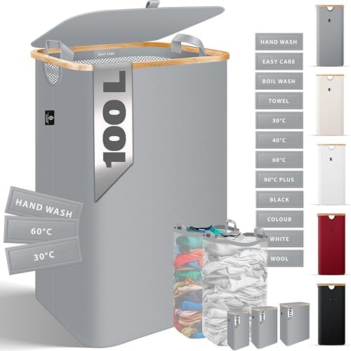 KESSER® Wäschekorb mit Deckel faltbar 100 Liter Wäschebox Wäschetruhe Wäschekorb Wäschetonne | Wäschesammler mit 2x herausnehmbaren Wäschesäcke | Wäschesortierter inkl. Waschhinweisen Grau