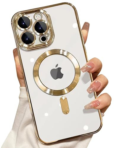 Misscase für iPhone 14 Pro Max Hülle 6.7 Zoll, Farbe Elektroplattiert Rahmen Transparente Rückseite magnetisches TPU Handyhülle Kompatibel mit MagSafe, Militärnorm Schutz, Kratzfeste Stoßfest -Golden
