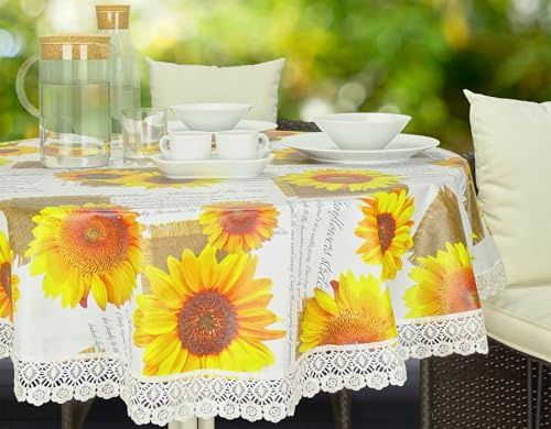 Wetterfeste Tischdecke mit Spitzenbordüre (140cm rund, Sonnenblume)