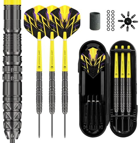 Lavishio Professionelles 90% Wolfram Steel Tip Dartpfeile Set - Steel Tip Dart Set, Swiss Point Darts, 3 Pro Grip Schäfte mit Dartschärfer, Gummiringe, Flight Protector und Dartetui (gelb)