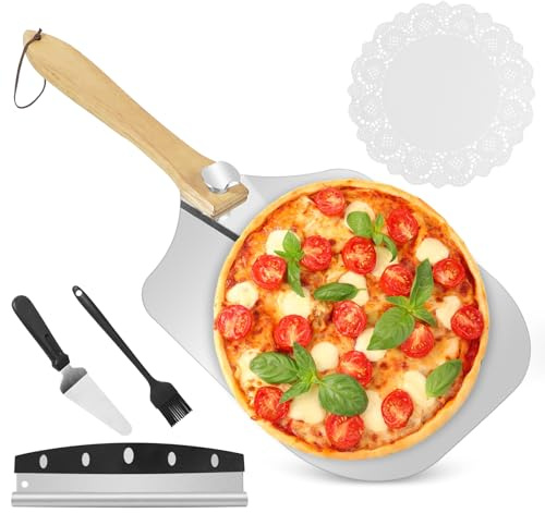 ICEBLUEOR 4-Piece Pizza Peel Set,12 Inch Pizza Paddle, Aluminum Pizza Spatula Pizza Shovel with Pizza Cutter Scraper Silicone Brush,Pizza Oven Accessories with Detachable Handle for Pizza, Bread, Pie